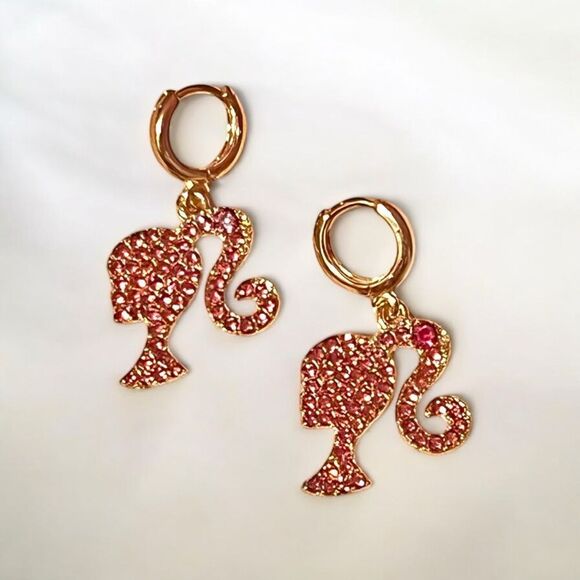 Barbie Hot Pink Rhinestone Gold Tone Dangle Earrings NWT - Picture 1 of 3